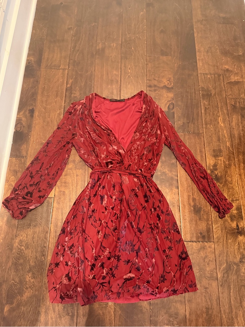 Red Floral Long-Sleeve Wrap Dress with Tie Waist